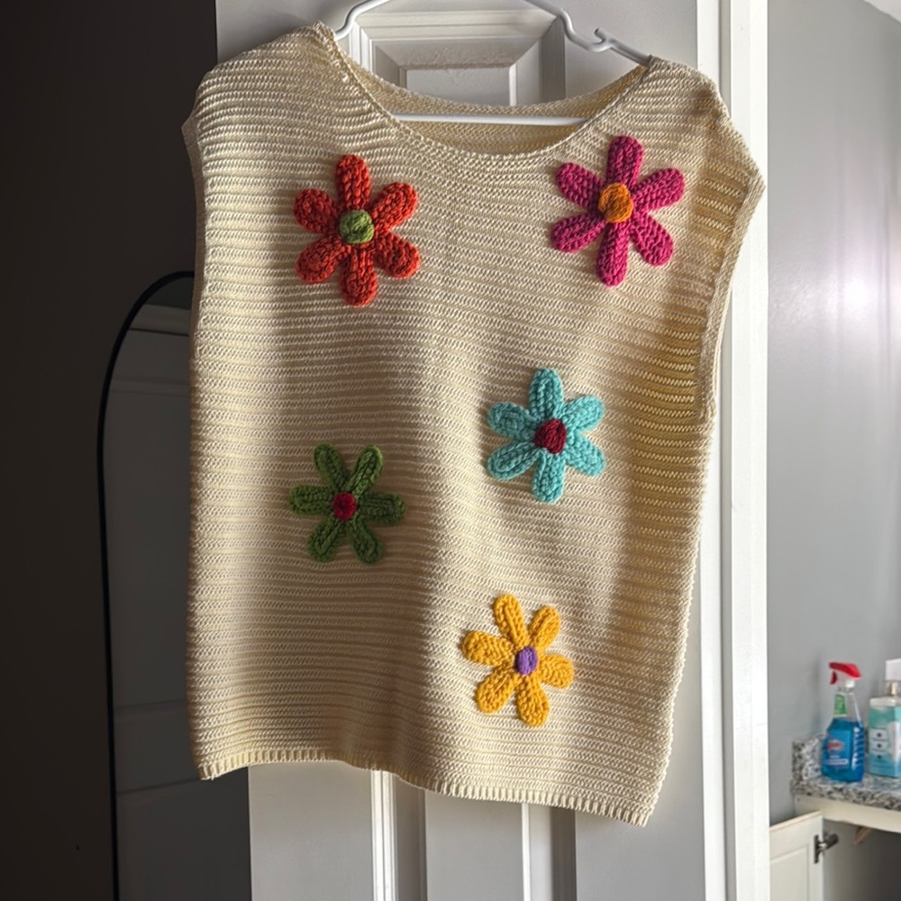 Cream Knit Top with Colorful Flower Appliques